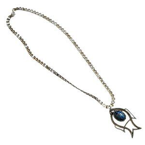 Fish Pendant Necklace Silver Tone Blue Marbled Cabachon 27" Artsy Art to Wear